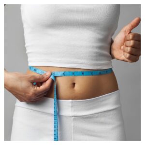 Someone measuring their waistline and holding a thumbs up