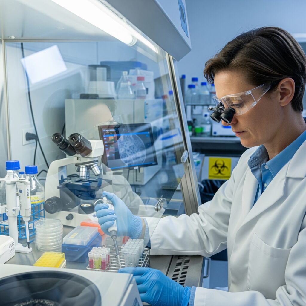 Close-up of a scientist in a lab, purifying cells An image of a scientist in a lab coat, focused on the task of purifying cells in a laboratory setting.