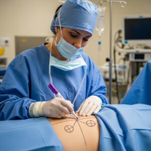 Professional surgeon drawing on a body with a marker