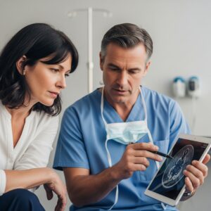 A female patient and her male surgeon sit together, looking at a digital tablet.