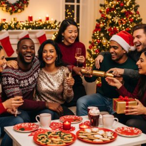A diverse group of friends celebrating during the holidays