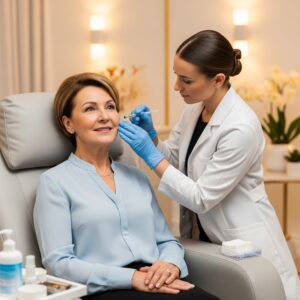 A mature woman receiving a cosmetic injection from a professional