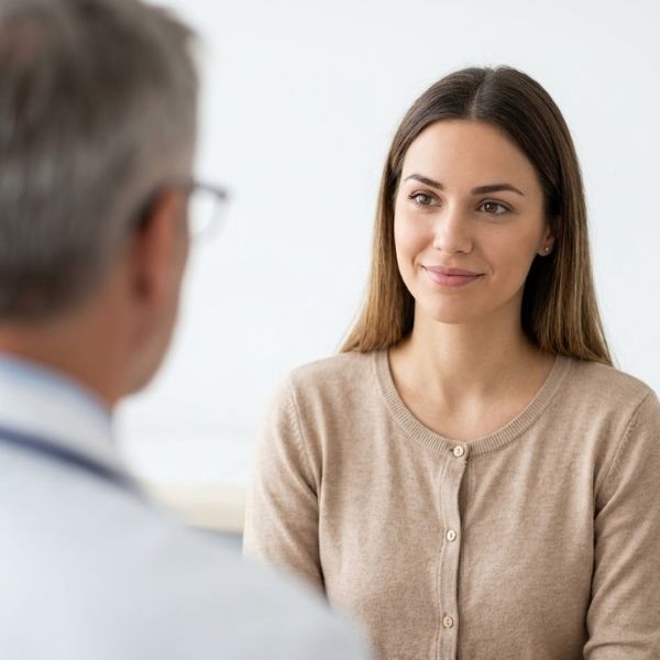 A young, attractive woman sits confidently in a modern medical office, smiling and looking directly at a blurred consultant.